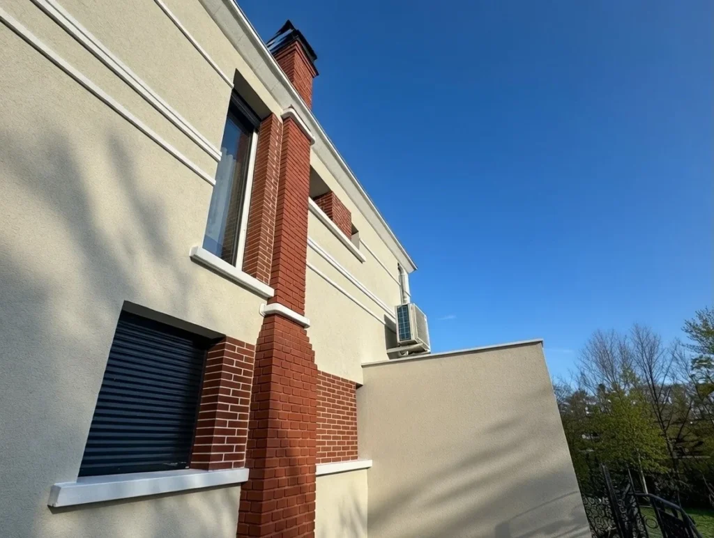 Maison moderne avec ciel bleu.